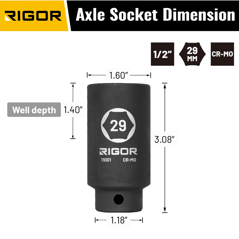 RIGOR 11001 29mm Axle Nut Impact Socket | 1/2-Inch Drive, 6 Point, Deep, CR-MO, Metric | Quick-Fit for Hog Ring Anvil | Laser Etched