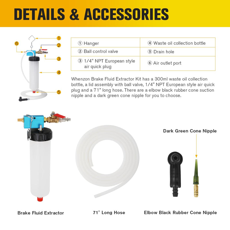 Auto Brake Fluid Extractor, Brake and Clutch Fluid Drained Bleeder Tool, Brake and Clutch Fluid Drained Bleeder Tool Equipment Kit for Car Motorcycle, Capacity 300ML+71 '' Hose 300CC Pneumatic