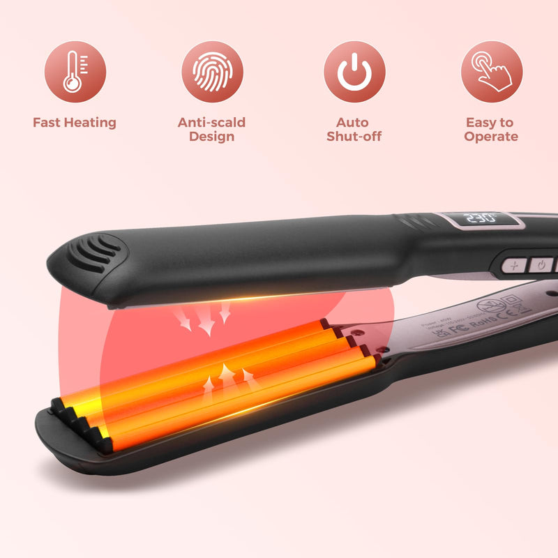 UKLISS Hair Crimper, Ceramic Hair Crimpers for Women, PTC Crepe Hair Iron | for Volumizing Hairstyle in One Step, Adjustable Temperature 210-450℉, LCD Display, Long-Lasting Styling (Black Pink) Black Pink