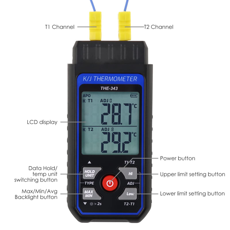 Thermocouple Thermometer Digital K Type Thermometer with 4 Thermocouples, -328~2500℉ Measuring Range HVAC Dual Channels Temperature Meter Gauge with LED Backlight & ADJ Compensation Black