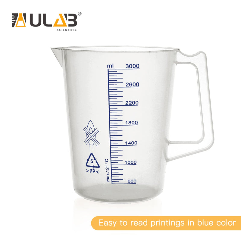 ULAB Scientific Beakers, Plastic Beakers with Handle, Printed Graduation in Blue, Vol. 3000ml(101oz), UBP1019 Vol.3000ml with handle,blue printed graduation