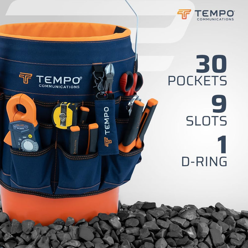 TEMPO PA9100 5 Gallon Bucket Tool Organizer - 600D Fabric Bucket Tool Bag 5 Gallon - 30 Pockets, 9 Slots, PVC Coating