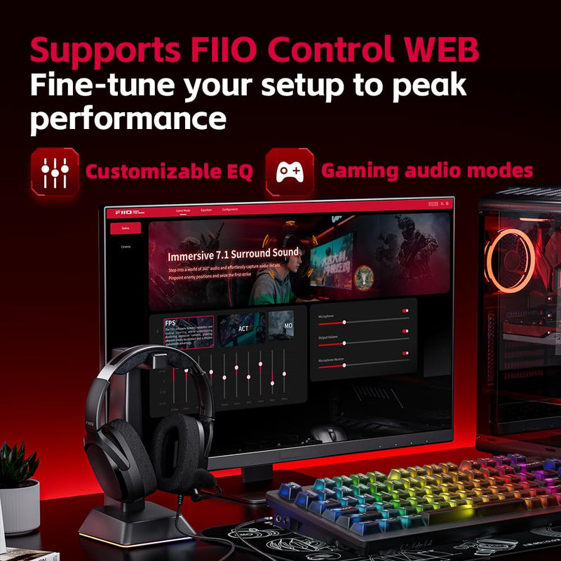 FiiO FG3 Gaming Headset, Dual Dynamic Driver USB Headphones with Detachable ENC Microphone, Virtual 7.1 Surround Sound, Hi-Res DAC, DSP EQ, Compatible with PC, PS5, Xbox & Switch Black