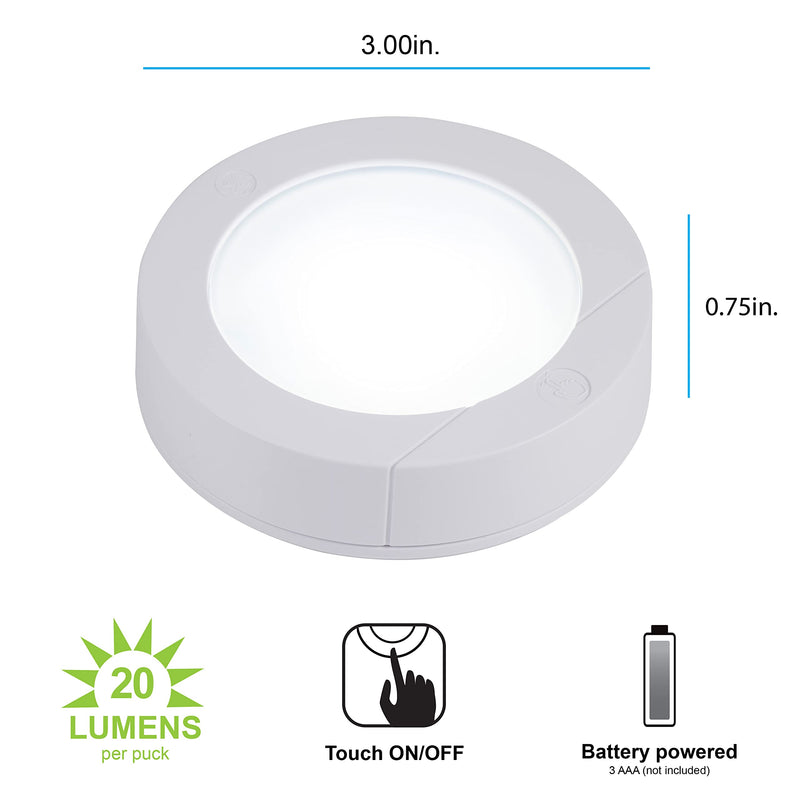GE Wireless LED Puck Lights, Battery Operated, 20 Lumens, Touch Light, Tap Light, Stick On Lights, Under Cabinet Lighting, Ideal for Kitchen Cabinets, Closets, Garage and More, 4 Pack, 45997 White