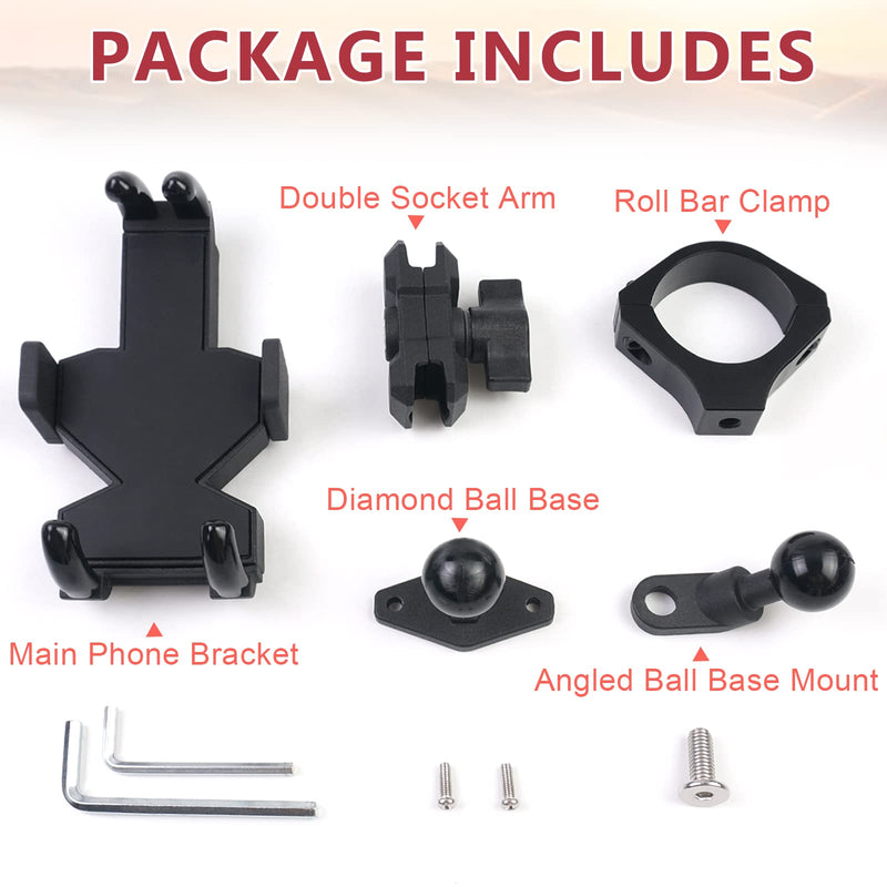 UTV Phone Mount - 360 Adjustable Heavy Duty Phone Holder Fit for 1.75 to 2 Inch UTV Roll Bar Compatible with Can-Am Maverick X3/ RZR/Ranger/Talon Pioneer 1000 for 4.0 Inch to 7.2 Inch Cell Phone