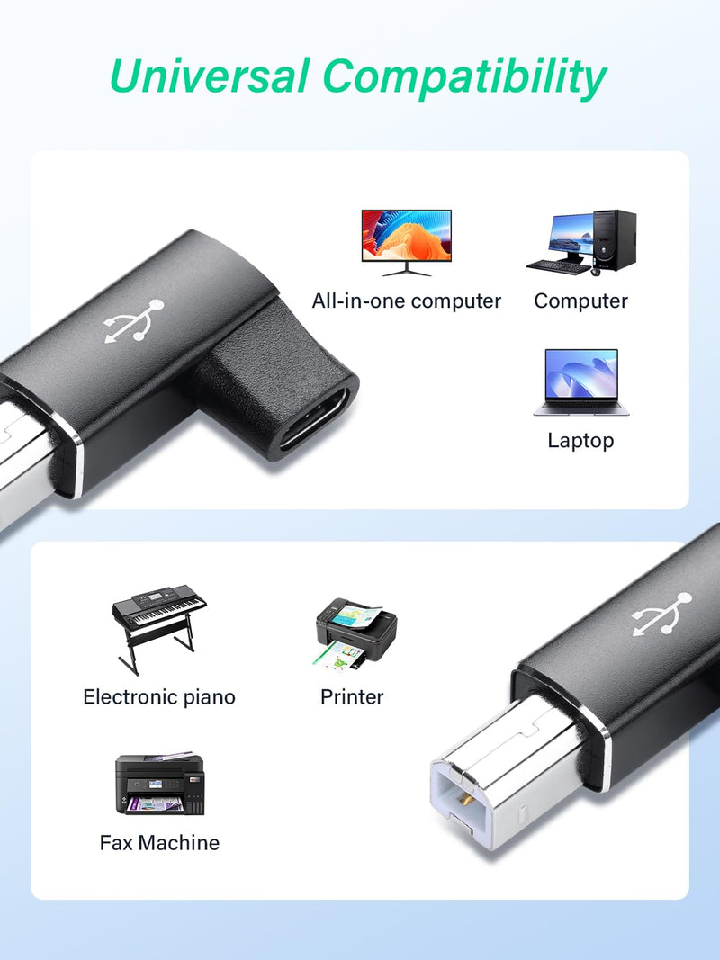 90 Degree USB C Female to USB B Male MIDI Converter,Support Data Sync Compatible with Printer, Scanner, Electric Piano, MIDI Keyboard (2-Pack)