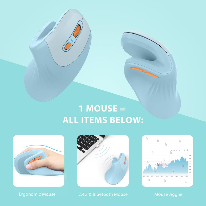 seenda Ergonomic Mouse with Jiggler - Wireless Vertical Mouse with Dual Connection (Bluetooth 4.0+USB), Reduces Wrist Strain, Quiet Click, Compatible with PC, Laptop, Mac, Windows - Sky Blue