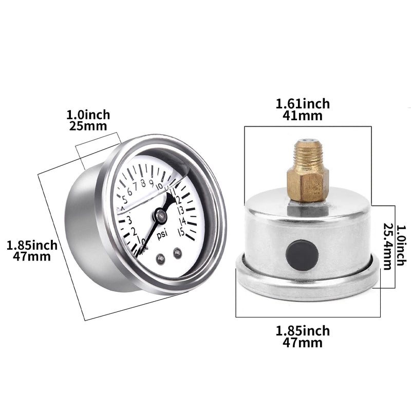 0-15 PSI Fuel Pressure Gauge, 1.5" White Dial, 1/8" NPT Center Back Mount, Glycerin Liquid Filled, 304 Stainless Steel case, Inline Low-Pressure Gauge, for Oil Water Air Pressure Test 0-15PSI