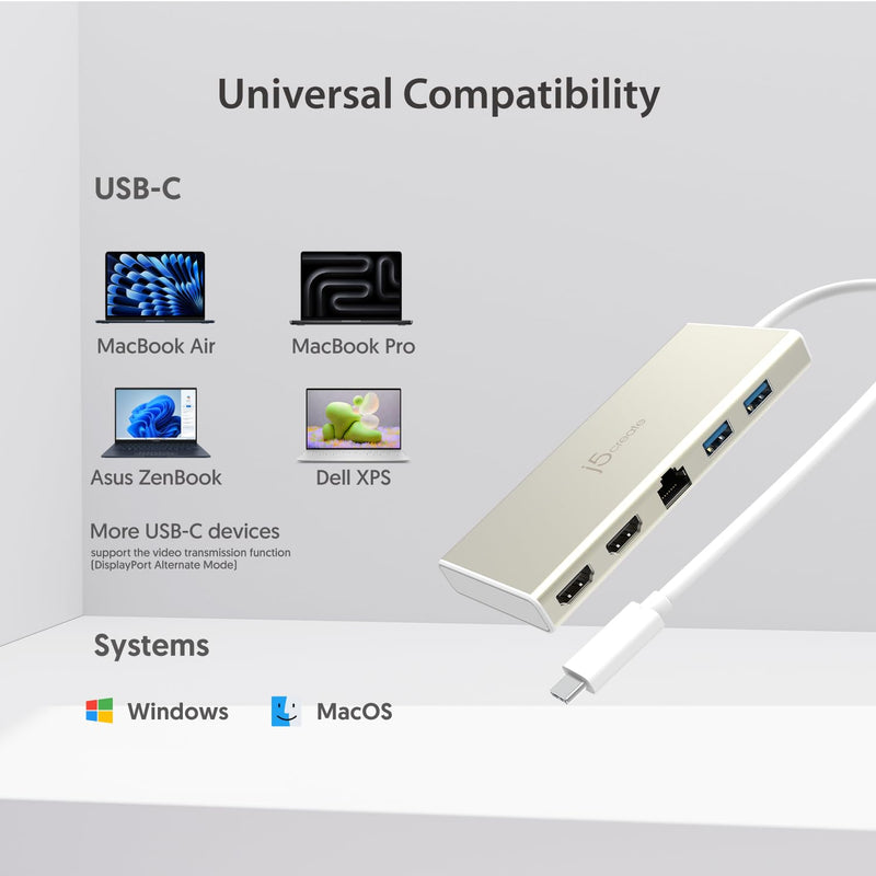 j5create USB-C Mini Dock- Type C Hub with 2X HDMI, 2X USB 3.0, Ethernet, Power Delivery 2.0 (JCD381)