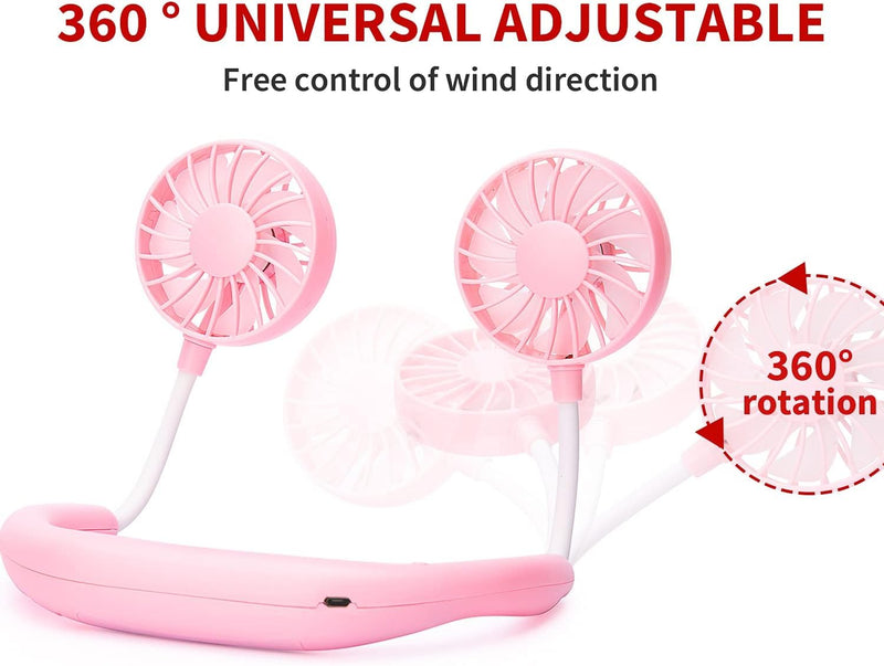 Portable Neck Fan Rechargeable Personal Hand-Free Fan Mini USB Wearable Neckband Sport Fan, 3 Speed Adjustable, 360 Degrees Free Rotation Perfect for Working, Traveling, Office, Reading (Pink) Pink