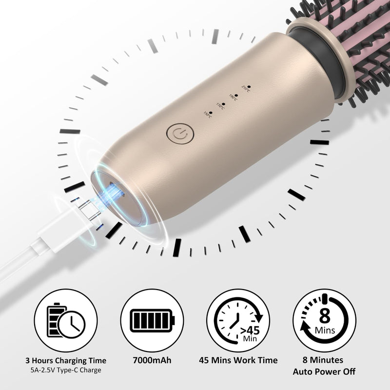 Cordless Curling Brush, 3 in 1 Cordless Hair Curler, Cordless Hair Styler with 4 Temperatures, 7000 mAh USB Rechargeable, Portable Travel Hot Brushes for Hair Styling (Gold) Gold