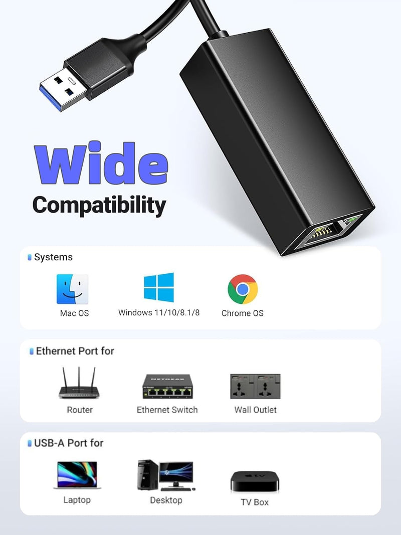 USB 3.0 to Ethernet Adapter, Driver Free to 10/100/1000 Gigabit Ethernet LAN Network, Aluminum Portable USB-A Compatible for MacBook,Surface,Windows,Vista,Mac,Linux,and More