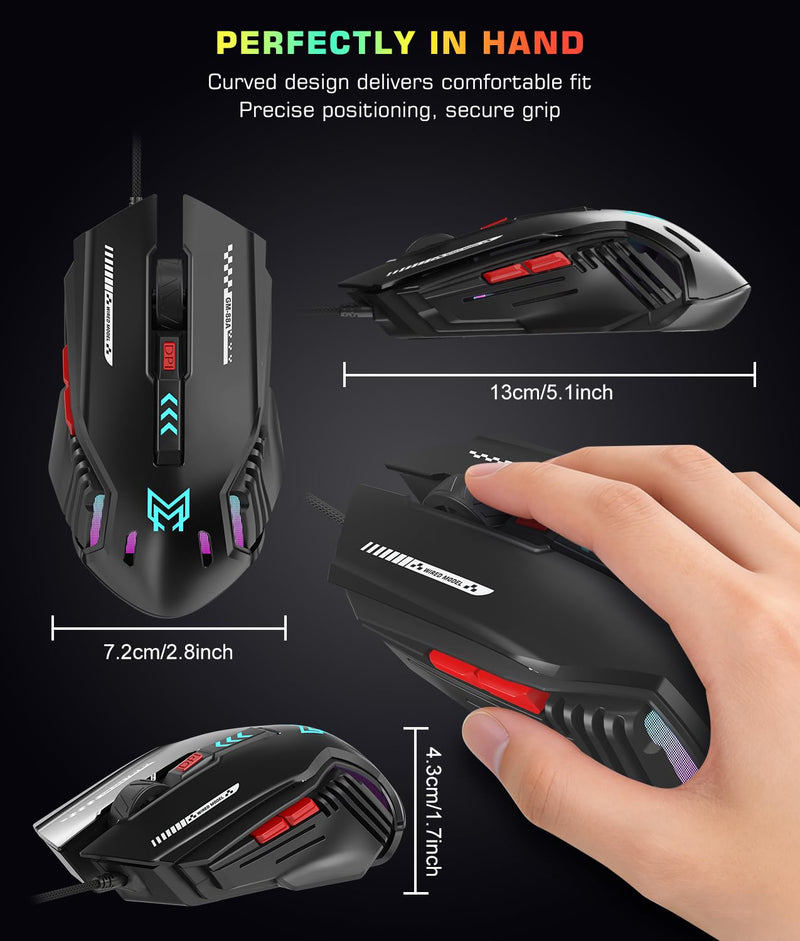 Customizable Wired Gaming Mouse with 6 Levels DPI and 6 Programmable Button | Low-Noise Clicks and RGB Lighting for Gaming, Office Work and Daily Use Black
