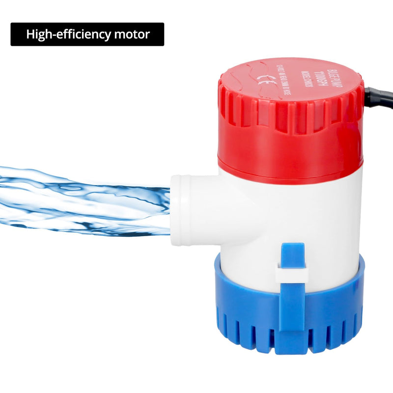 QWORK 1100 GPH 12V DC Automatic Bilge Water Pump and Float Switch Combo for Boats, Marine, RV, Aquariums - Compact, High Flow