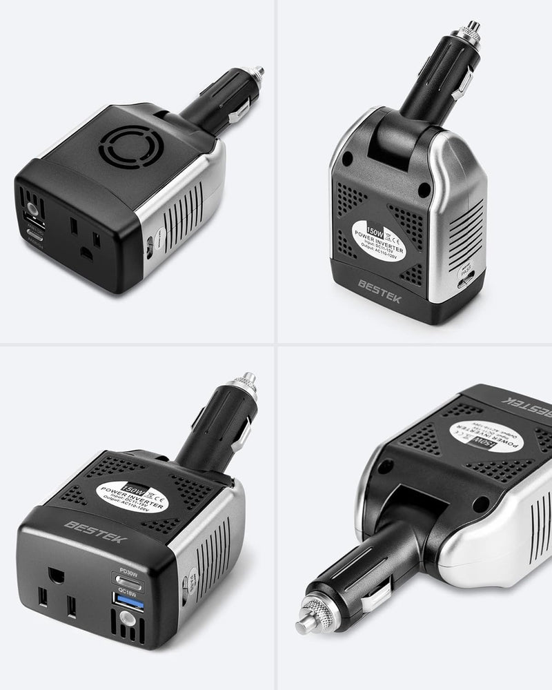 BESTEK 150W Power Inverter 12V to 110V Voltage Converter PD30W QC18W Car Charger Power Adapter with Charging Ports
