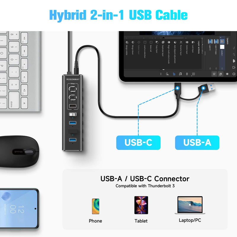 Powered USB Hub, Rosonway 7-Port USB 3.2/USB C Hub with 10Gbps USB-A 3.2, 2 USB-C 3.2, 4 USB 3.0 Ports, Individual Switches and 12V Power Adapter, Aluminum USB Port Expander for Laptop/PC, RSH-A107C