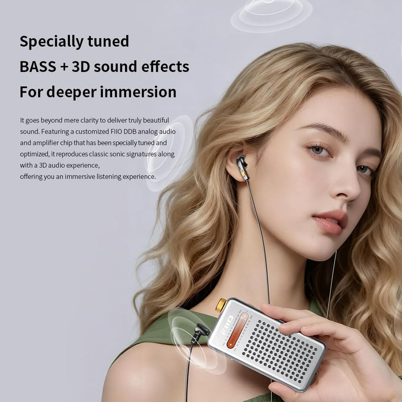 FIIO RR13 Portable FM Radio, Rechargeable Pocket Radio with Built-in Speaker, Analog Tuning Dial, FM 76-108MHz Reception, Replaceable Battery and External Antenna Silver