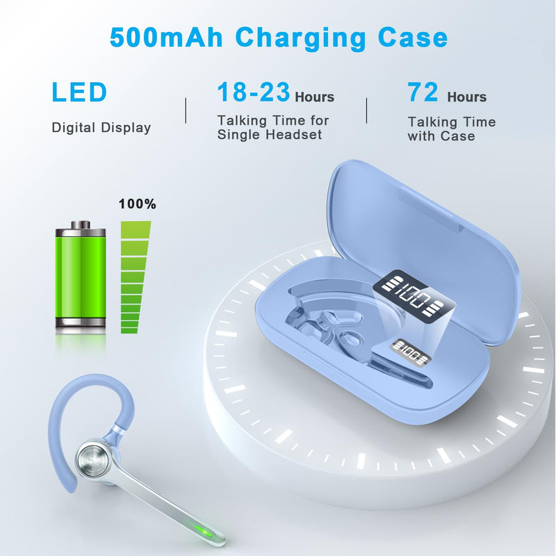 HEIBAS Bluetooth Headset, Wireless Earpiece with Mic for Work Light Blue | 72H Playtime, 500mAh Charging Case, Hands-Free Calling with Mute Button for Trucker, Office, Driving, iPhone, Light Blue