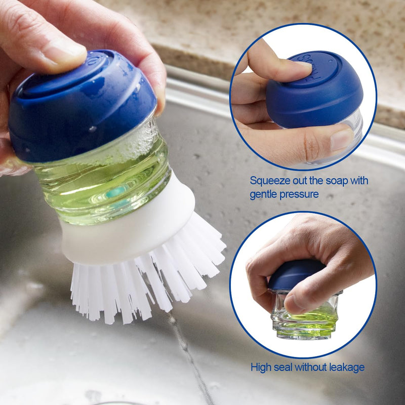 CELOX 2 Pack Dish Brush with Soap Dispenser for Kitchen Cleaning, Kitchen Brush for Dish Pot Pan Sink Cleaning White and Blue Brush