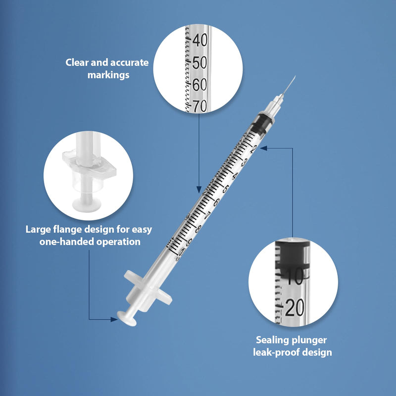 100 Pack U-100 Syringes with Needle, 1ml 30G 5/16" 8mm Syringe, Individually Sealed Packaging 1ml 30G 5/16 inch 100 Pack