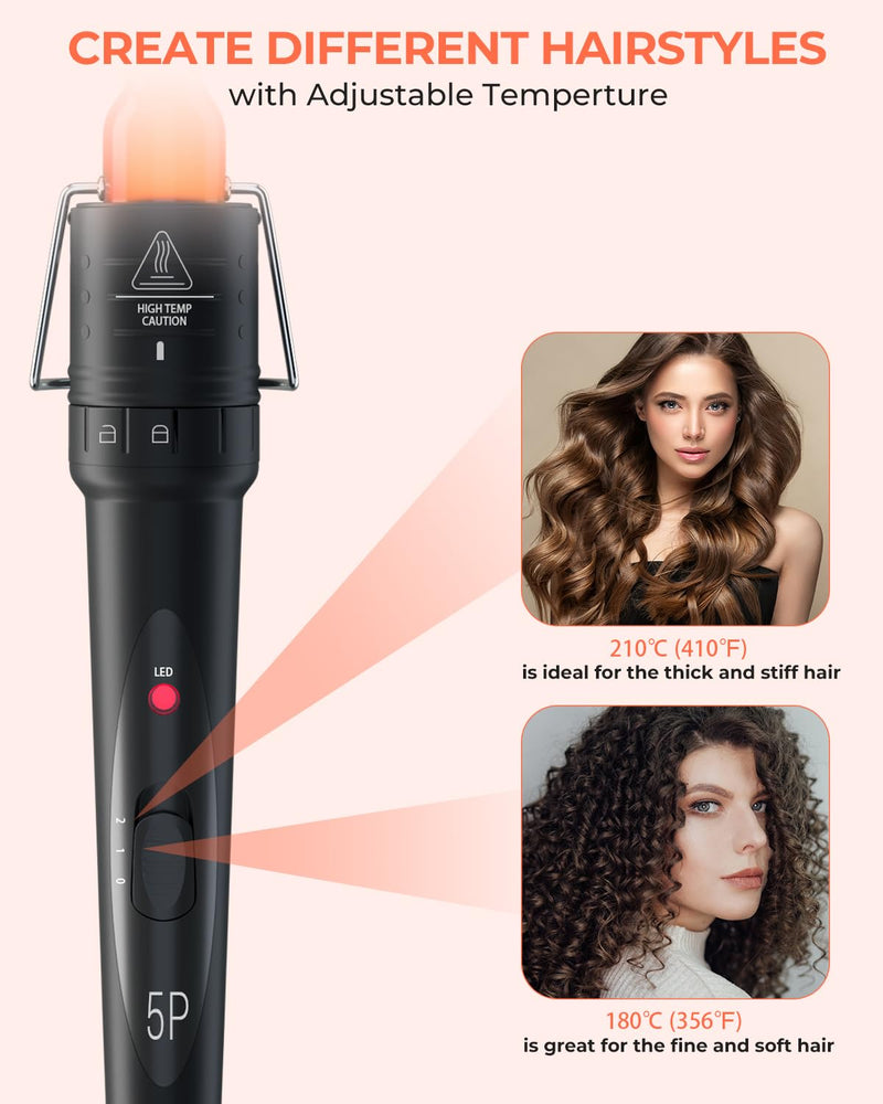 5 in 1 Curling Wand Set, Ohuhu Ceramic Barrels Hair Curler (9-32mm) | Dual Voltage, Heats in 30 Second, 356-410°F Adjustable, Travel-friendly, Lightweight, 2 Clips & Heat Glove, Gift for Women Black