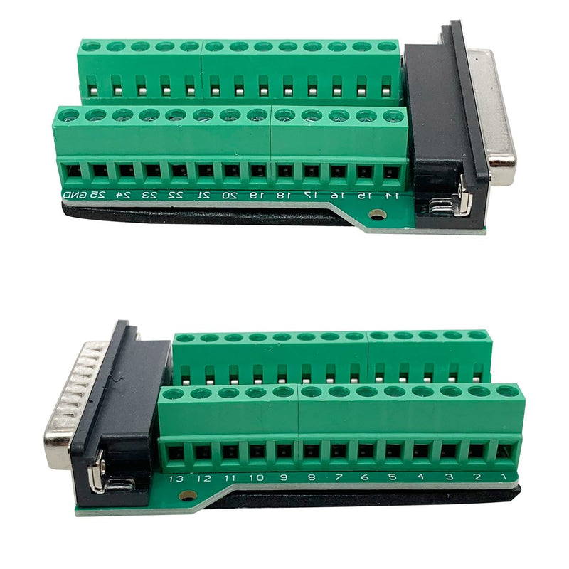 2Pcs DB25 Male Female Breakout Board Connector, RS232 D-SUB Serial 25 Pin Port Terminal Solderfree Adapter with Nut