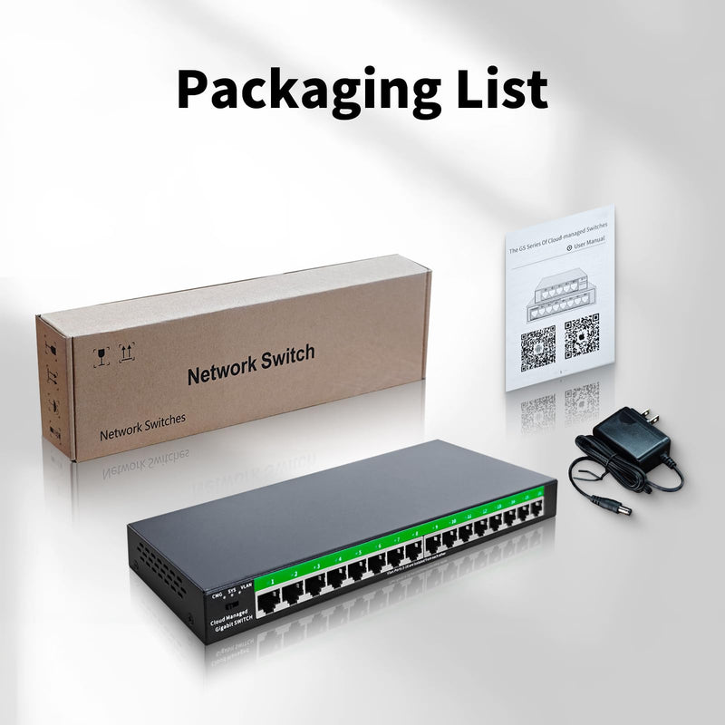 STEAMEMO 16-Port Gigabit Ethernet Switch | Smart Managed with VLAN & QoS | Plug & Play Desktop/Wall Mount Network Switch | Metal Enterprise Switch(Includes Power Adapter) 16 ports |Easy Managed