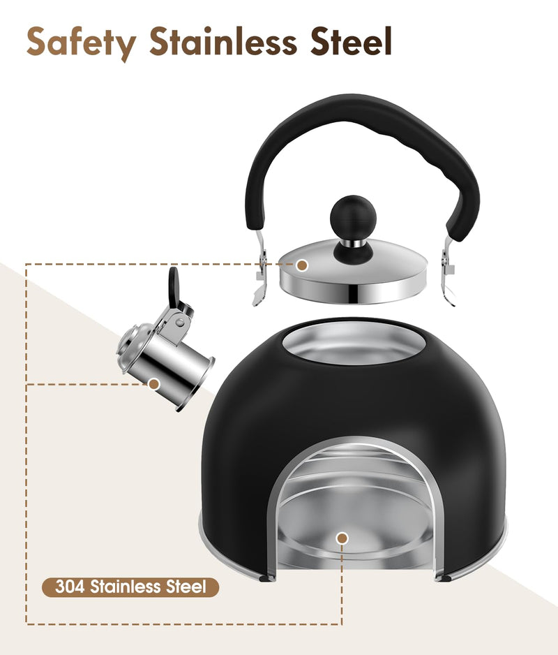 Premium Stainless Steel Tea Kettle for Stove Top - 2 Quart Classic Stovetop Teapot, Loud Whistle Kettle with Ergonomic Handle - Ideal for Hot Water & Tea,Coffee & Kitchen Decor(black) Black