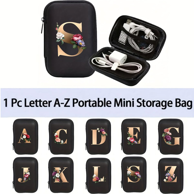 Letter And Flower Print Hard Shell Electronics Organizer, Shockproof Carrying Case for Cables, Earphones, Chargers, Ideal Gift for Travel & Daily Use，4.33 * 3.14 * 1.57 inch/SNB03-S Black-S