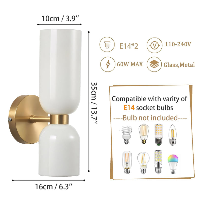 Mid Century Modern 2- Light Glod Wall Sconce Lighting with Glass Shades, E14 Wall Lamp for Bedroom, Bathroom Vanity,Living Room, Hallway (Milky White) Milky White