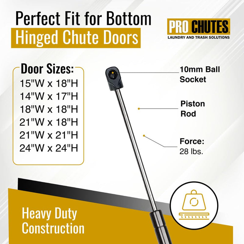 Trash Chute Hydraulic Closer Door Parts. 17 inch Extended Gas Piston Closure for Bottom hinged Garbage & Laundry Intake Doors. Hardware by Pro Chutes.