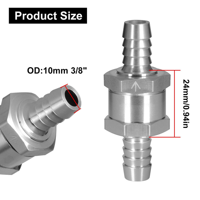 3/8" Fuel Check Valve, 2PCS OD 10mm One Way Bleeder Valve Inline Non Return for Diesel Gasoline Silver 3/8