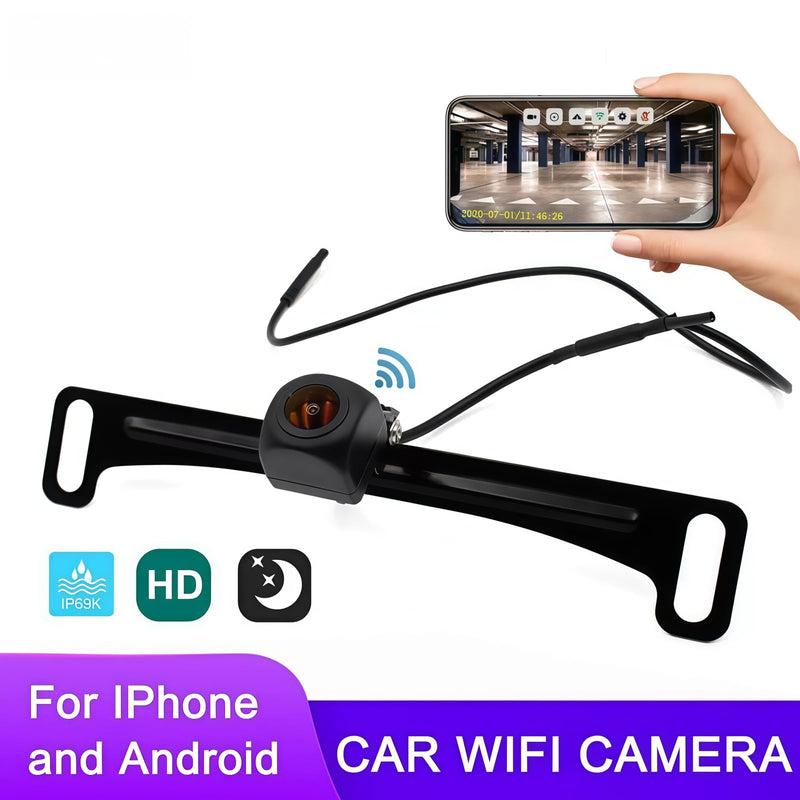 Wireless Backup Camera 1080P, 2.4GHz WiFi No Monitor Needed, License Plate Reverse Camera, 170° Wide Angle Night Vision IP68 Waterproof, Front Rear View for iPhone Android, Car SUV Van Pickup Metal License Plate Mount