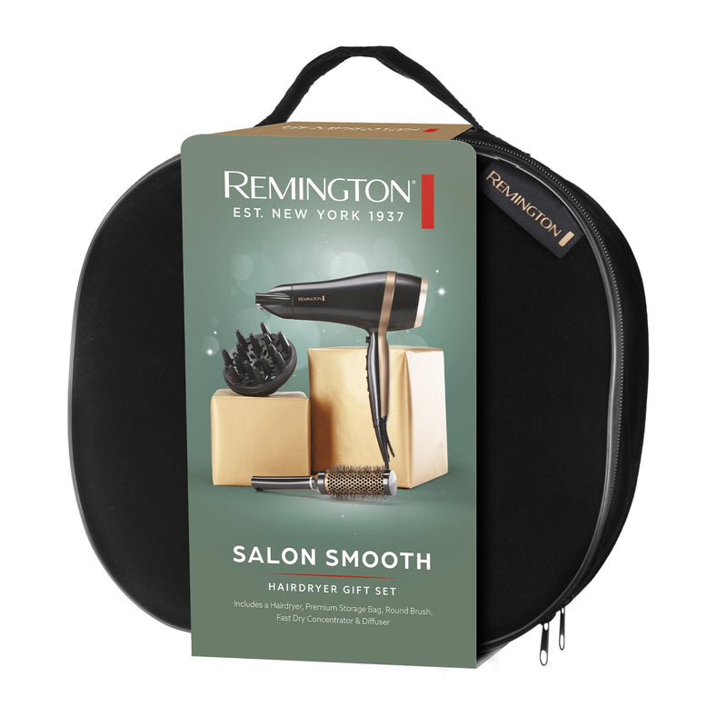 Remington Hair Dryer Gift Set, 2000W, Ceramic Ionic Grille, Black | Includes Concentrator, Diffuser, 3 Heat & 2 Speed Settings, Cool Shot, Premium Storage Bag, Round Brush