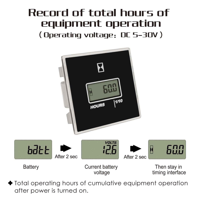 AC/DC Hour Meter Oil Pressure/Voltage Detect Meter Waterproof Transparent PC Closed Design Built-in Desiccant Moistureproof for Engine Lawn Mower Tractor Boat (Black) Black