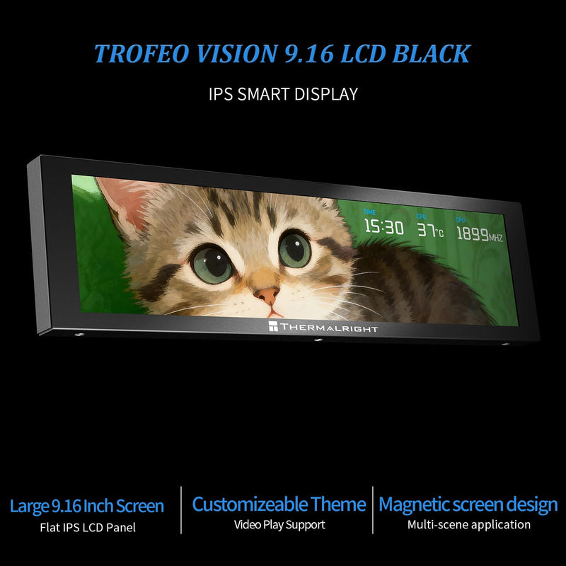 Thermalright Trofeo Vision 9.16 LCD Black, 9.16-inch Full-Color LCD Magnetic Display Screen, 1920x480 Resolution, Easy to Install,Master CPU/GPU Temperature(Black)