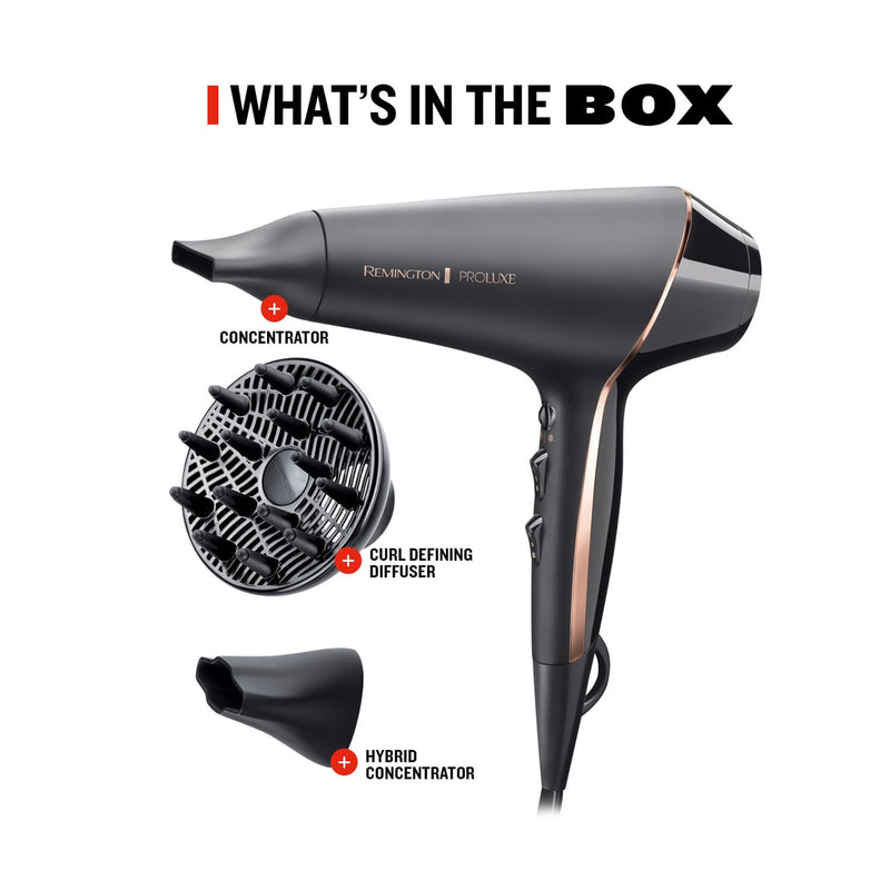 Remington PROluxe Midnight Hair Dryer (OPTIheat Technology for Long-Lasting Results, Ionic Conditioning for Frizz Free Hair, Diffuser, 2 Concentrators, Powerful, Professional, 2400W, Black) AC9140B