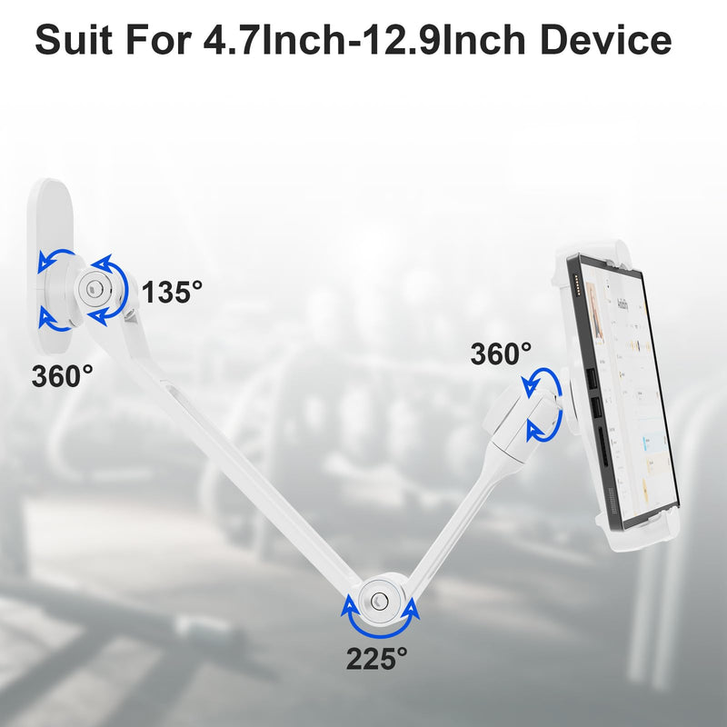 Tablet Wall Mount,iPad Wall Mount Holder Suit for 4.7-12.9Inch Tablets, Aluminum Alloy,360°Swivel Base,Flexible Angle Adjustable, Tablet Mount (White) White