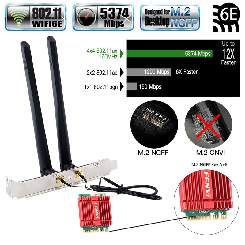 FENVI WiFi 6E AX210NGW WiFi Card WiFi 6E M.2 2230 NGFF Desktop Kit Wireless Network Adapter With Intel AX210 Tri-Band 6GHz 802.11ax 5400Mbps MU-MIMO,WPA3,Bluetooth 5.3,WiFi6 Wlan Support Windows 11/10