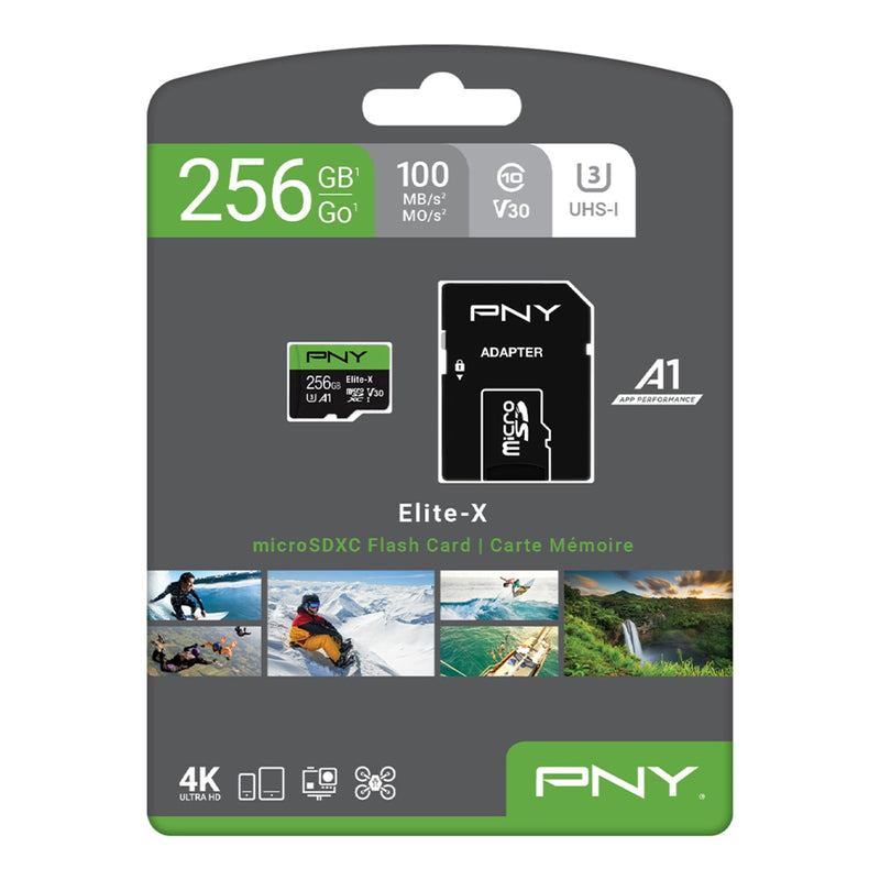 PNY 256GB Elite-X microSDXC UHS-I Memory Card - 100MB/s, U3, V30, A1, 4K, Full HD, micro SD