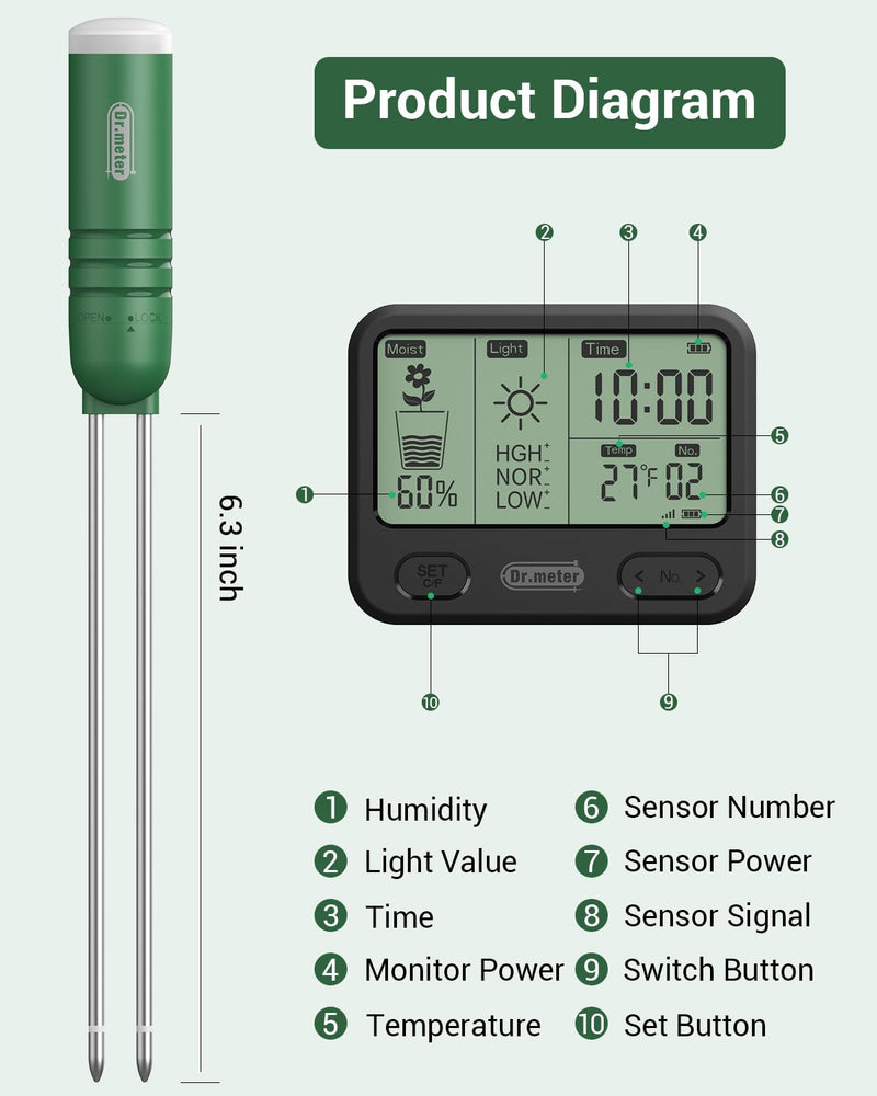 4-in-1 Soil Moisture Meter, 300ft Wireless Soil Tester Sensor, Temperature/Light/Time/Soil Hygrometer Monitor with Digital LCD Display for Indoor Outdoor Plants, Garden, Lawn, Gardening Gifts LCD Display + 1PCS Sensor