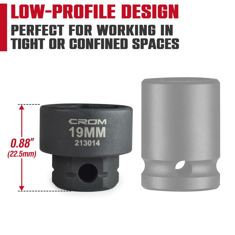 CROM Stubby Impact Socket Set - 14-Piece 3/8" Drive Metric 6-19mm Low Profile Socket Set, CR-MO Steel Nano Shallow Impact, Includes Aluminum Storage Rail (Metric 14 Piece) Metric 14 Piece