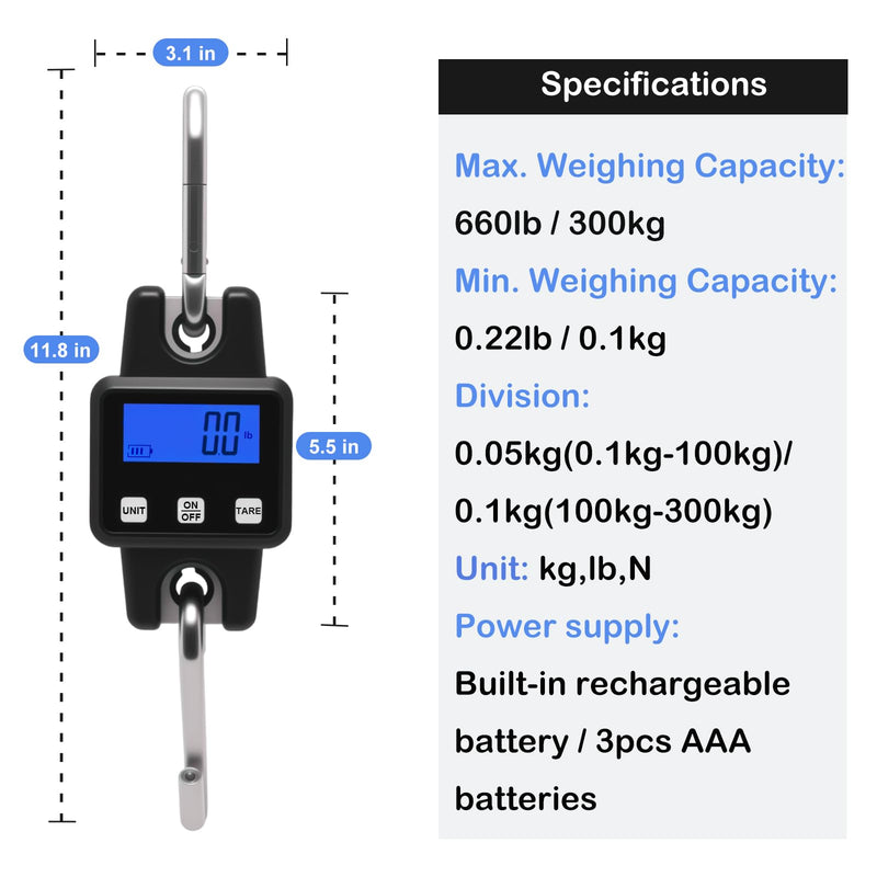 660lbs Digital Hanging Scale Type-C Rechargeable – High Precision Handheld Mini Crane Scale with S-Hook, Fishing Scale for Farm, Fishing, Hunting