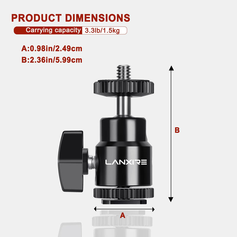 Camera Hot Shoe Mount with 1/4" Screw and Ball Head Adapter - Compatible with Camera, Camcorder, Smartphone, Action Camera, LED Lights, Microphone - 2 Pack