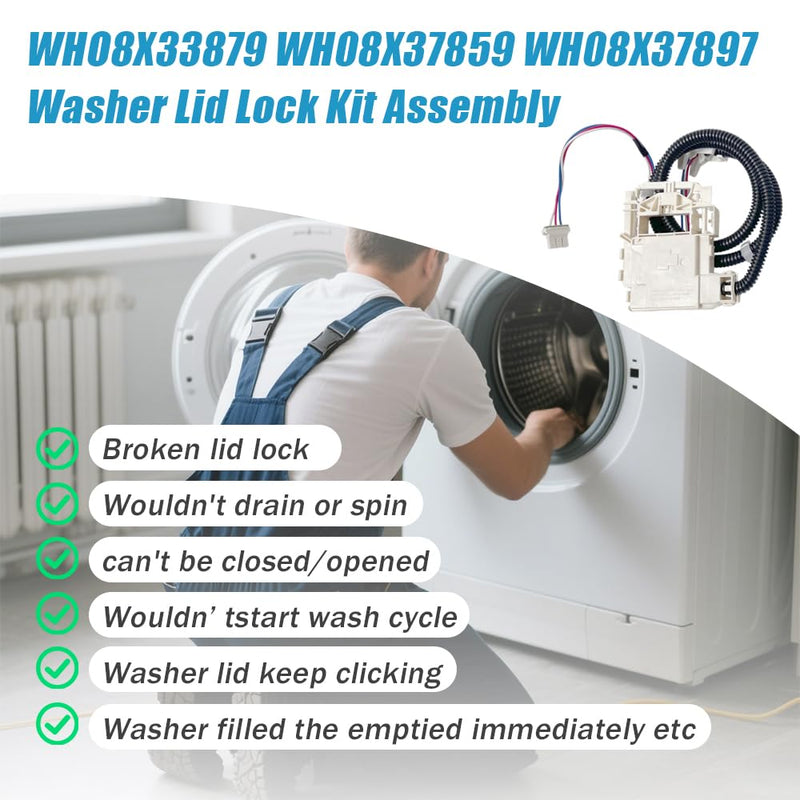 WH08X33879 Washer Lid Lock Assembly - Stainless Steel Spring & IP55 Waterproof, UL Certified Fit for GE PTW600/PTW700/PTW900 Series, GTW220/GTW385, HTW265 Models (Replaces WH08X37859)