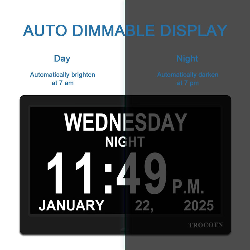 TROCOTN Dementia Clocks, Large Display Calendar Alarm Clock with Auto DST for Seniors, 5 Display Modes Large Font Digital Clock with Custom Alarms Day Date Clocks. (10 Inch Black) 10 inch