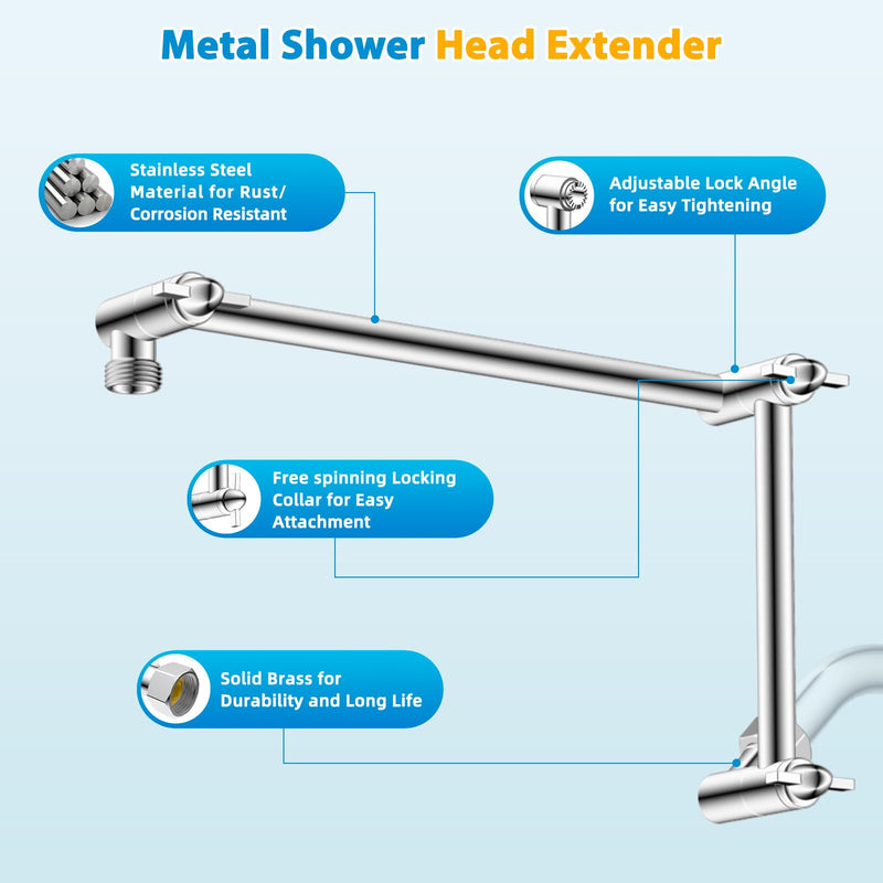 iFealClear All Metal 16" Shower Head Extension Arm, Solid Brass Shower Head Extender Adjustable Height Angle, G1/2 Universal Connection Stainless Steel Pipe with Lock Joint for Rain Showerhead, Chrome 16 Inch