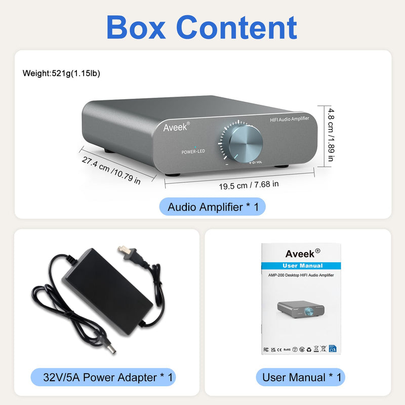 Aveek TPA3255 Stereo Amplifier, 2 Channel Class D Mini Amp for Speakers | 32V 5A Adapter Included, RCA&3.5mm Inputs, Low-Noise HiFi Sound for 2-8Ω Passive Bookshelf/Tower Speakers, Desktop/Home Audio