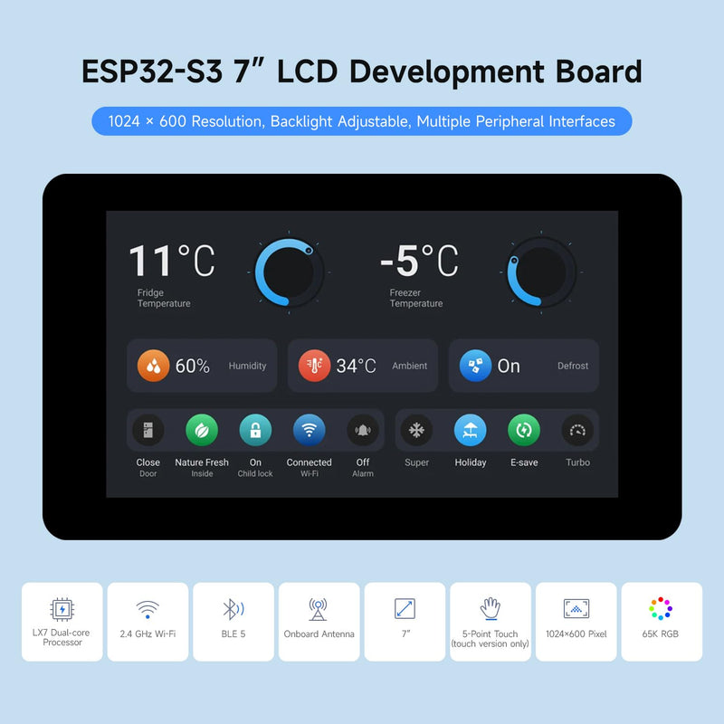Waveshare ESP32-S3 7inch LCD Development Board, ESP32 with Display, 1024×600, 32-bit LX7 Dual-core Processor, 240MHz Frequency, Supports WiFi & Bluetooth, with Onboard Antenna, No Touch Function
