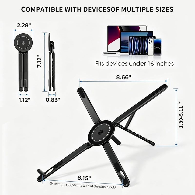 Magnetic Laptop Stand, 3-in-1 Foldable Aluminum Riser, Grey | 8-level height adjustment, built-in phone holder, fits 10-16 inch laptops, ergonomic foldable for desk office work